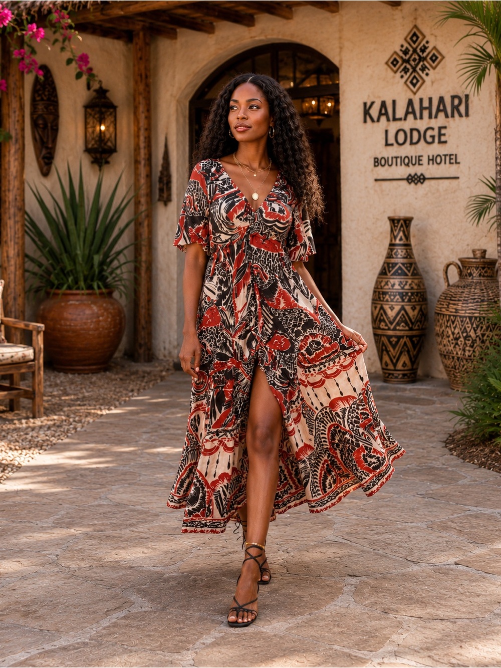 Anthropologie Geometric Boho Maxi Dress Medium M Cutout Back Flutter Sleeve